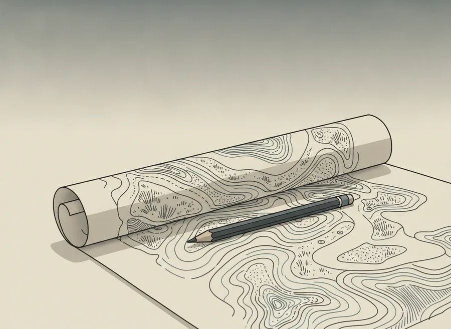 Stylised illustration of a rolled landscape-design plan sketch with one pencil resting across it, rendered in abstract line work. Not a photograph of a real project plan.