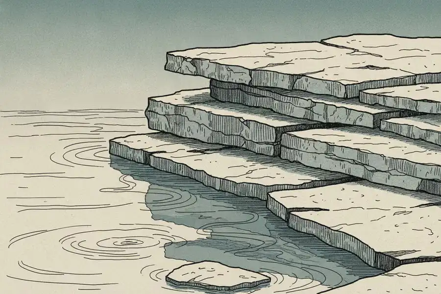 Stylised, line-illustrated study of stacked flagstone at a still water's edge. A texture study, not a photograph of a completed patio.